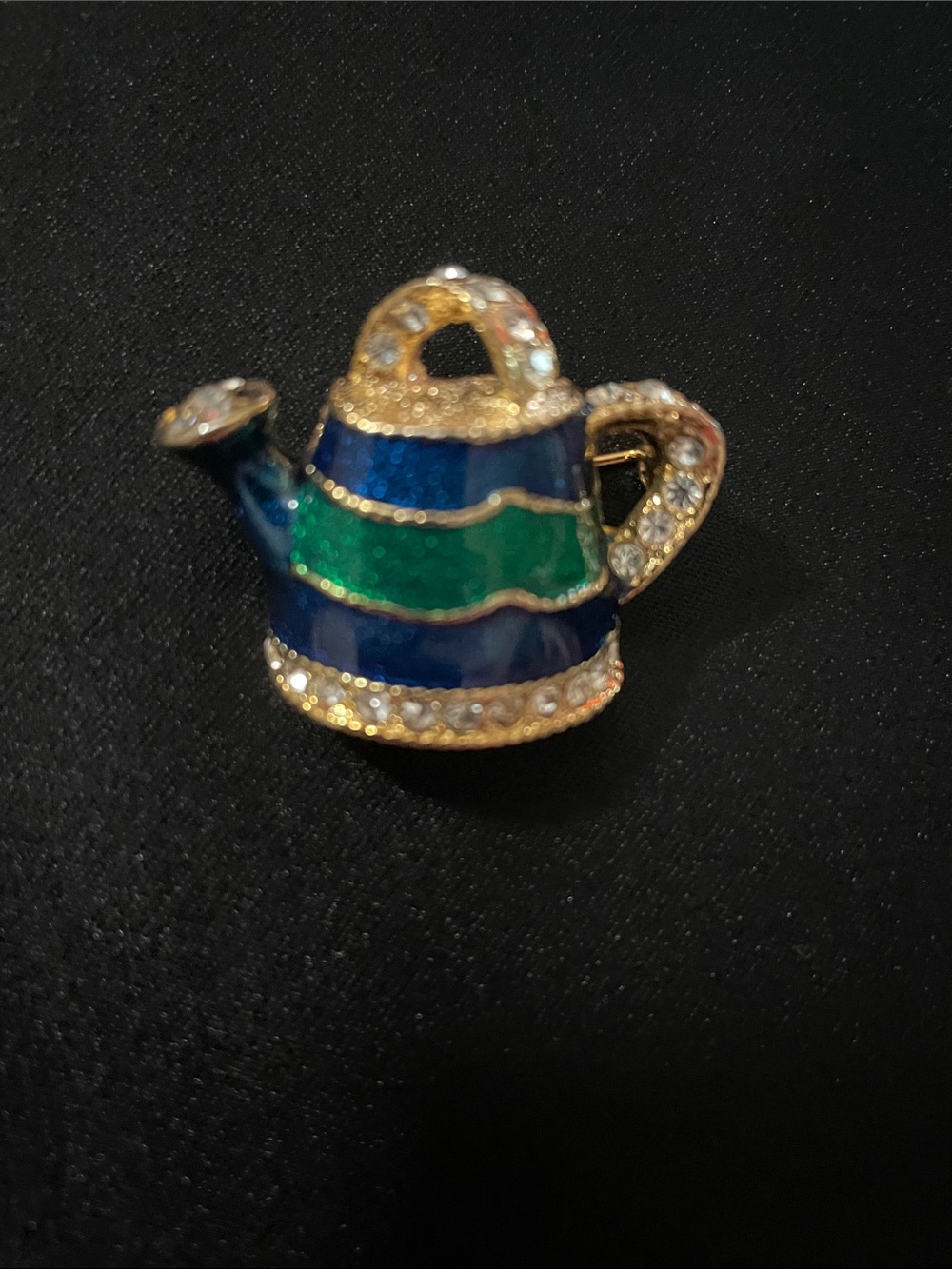 Source Unknown Blue and Green Striped Watering Can Brooch with Rhinestones - Picture 6 of 8